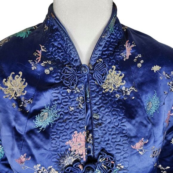 Vintage Peony Traditional Chinese Jacket Frog Buttons Womens Size M Blue Quilted - Picture 2 of 9